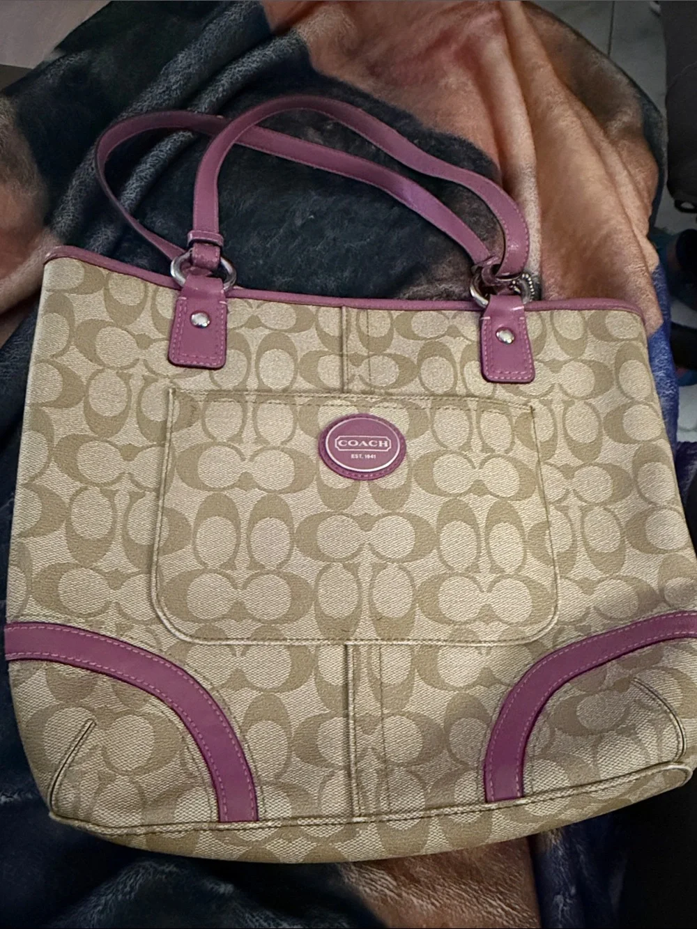Coach Beige Signature Canvas Tote with Purple Trim